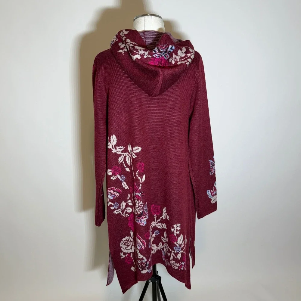NWD Max Sport Burgundy Butterfly Open Front Hooded Cardigan Duster Womens Medium